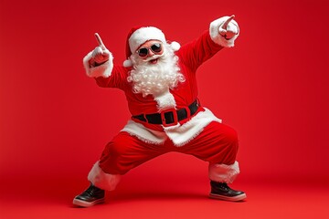 Full length photo of handsome old dabber fat funny santa claus in eyeglasses dance with his hand raised in a funny pose, isolated over red background