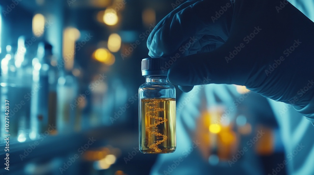 Poster a person is holding a bottle of liquid in a lab setting