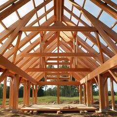 Fototapeta premium roof of a wooden house under construction frame of a wooden house 