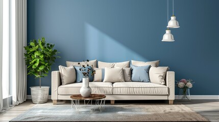 Elegant Modern Living Room Interior with Blue Walls