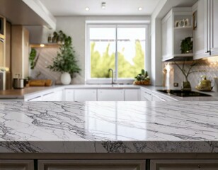 Fototapeta premium marble island kitchen bathed in natural light from a large window.