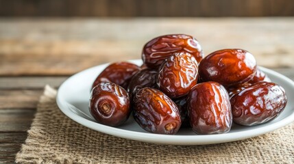 Fototapeta premium A plate of plump, glossy dates on a rustic burlap surface