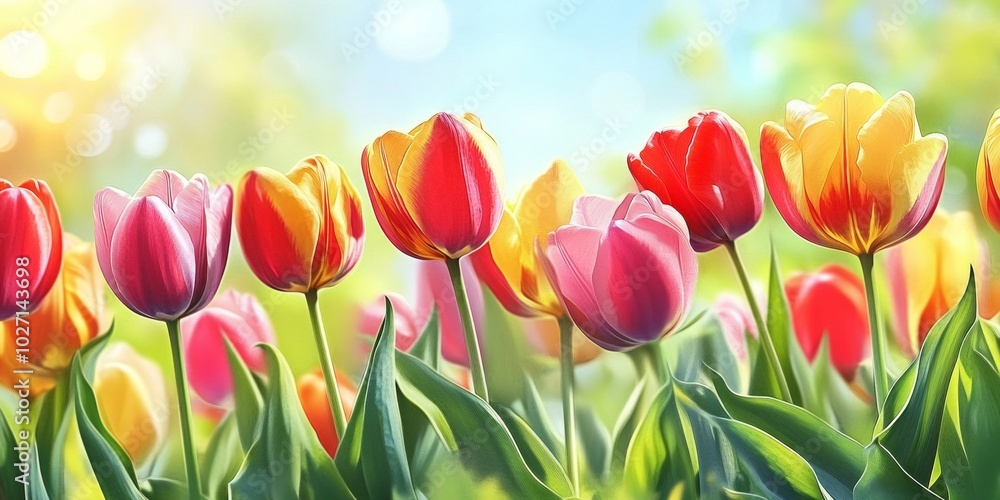 Sticker A vibrant field of tulips in full bloom creates a stunning spring landscape. The colorful flowers stand tall against a soft, blurred background. Ideal for nature themes. AI