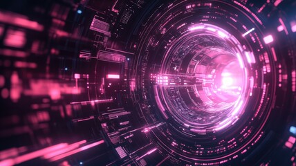 Vibrant digital tunnel displaying neon lights and data patterns in a futuristic setting