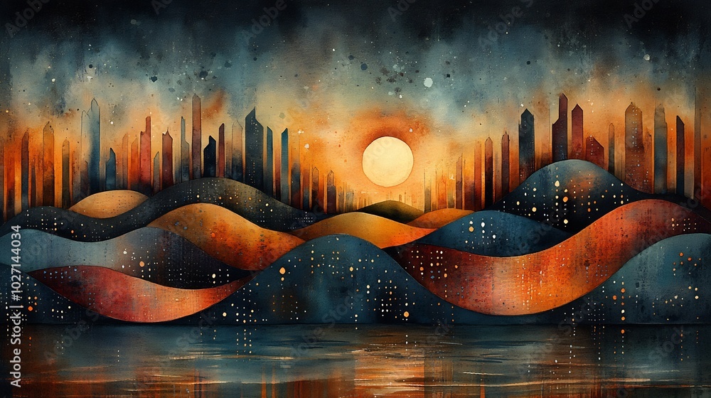 Poster stunning watercolor image that combines organic shapes with geometric patterns showcasing a palette 