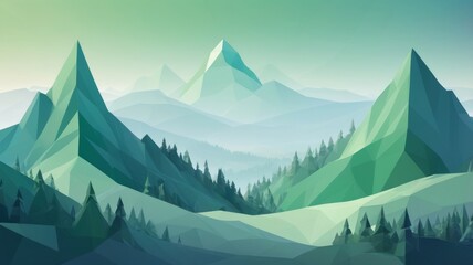 Low Poly Mountain and Tree Scene Against a Green Geometric Background