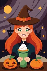 Cheerful witch holding a Halloween frappe with pumpkins in a spooky setting
