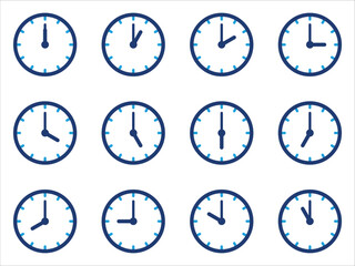Set of clocks for every hour isolated on white background
