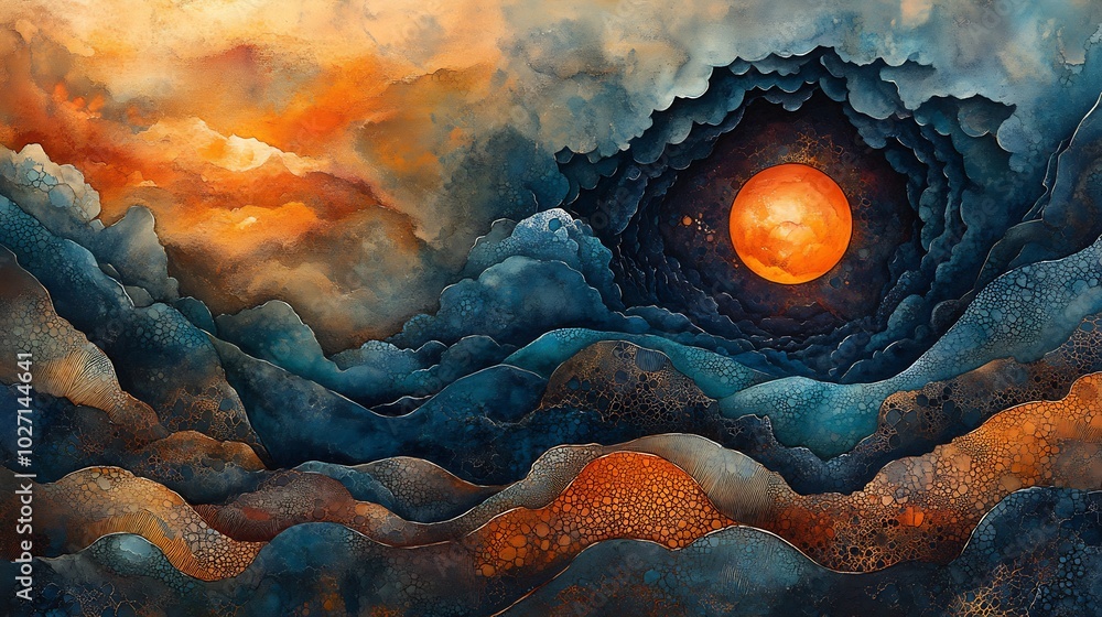 Poster stunning watercolor image that combines organic shapes with geometric patterns showcasing a palette 