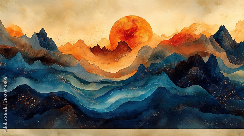 Poster stunning watercolor image that combines organic shapes with geometric patterns showcasing a palette 