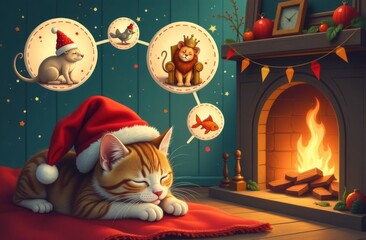 A cute kitten in a Santa hat sleeps in a house decorated for Christmas in front of the fireplace and dreams of being a strong and beautiful lion, tiger, panther, catching fish, mice and birds