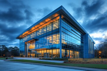 Obraz premium Modern glass office building with a dramatic cloudy sky in the background.