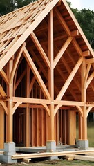 wooden house frame  in the forest
roof of a wooden house under construction