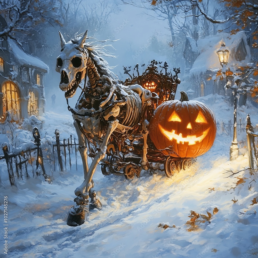 Sticker A skeletal horse pulls a carriage with a jack-o-lantern through a snowy village.