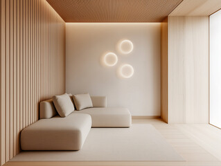 The bright interior of the living room has a large corner sofa.