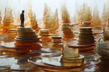Businessman Evaluating Financial Growth on Coin Mountains