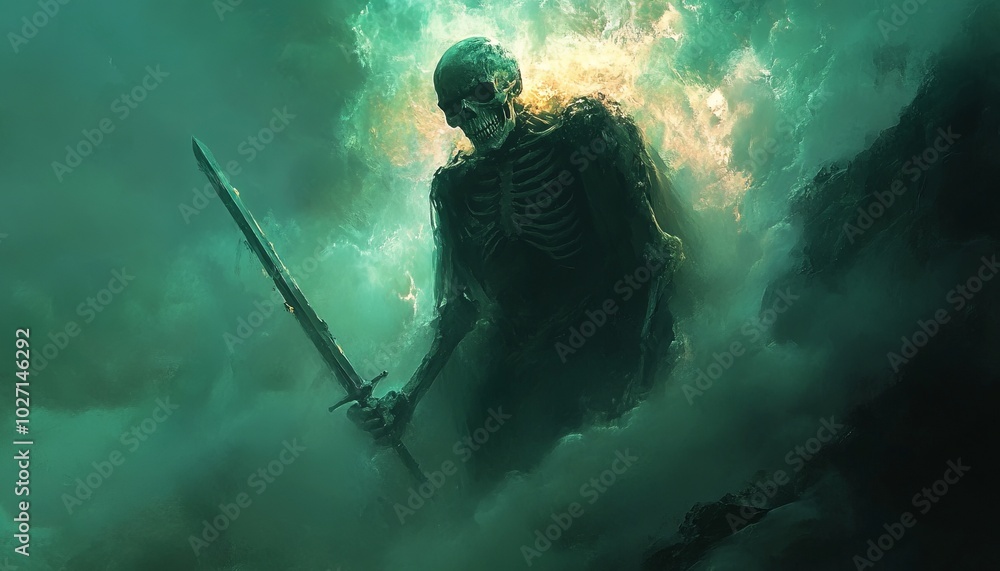 Canvas Prints A skeletal warrior emerges from a green mist, holding a sword, in a dark and ominous scene.