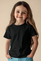 A cute little girl with wavy brown hair smiles confidently in a black t-shirt and light jeans. photo ideal for clothing mockups, children's fashion ads, and product promotions. t-shirt mockup for text