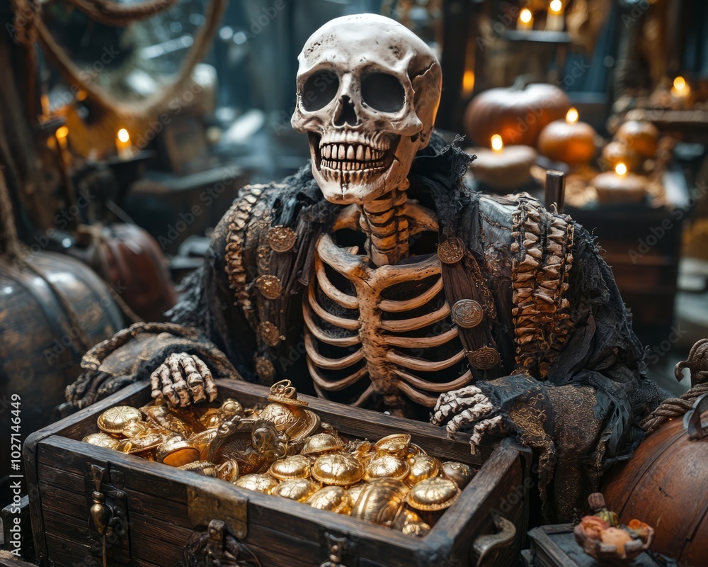 Canvas Prints A skeleton dressed as a pirate sits with a chest full of gold coins in a dimly lit room with pumpkins and candles.