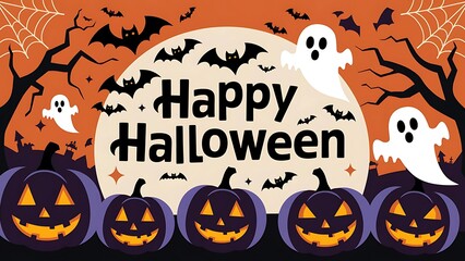 Spooky Halloween Night With Pumpkins And Bats