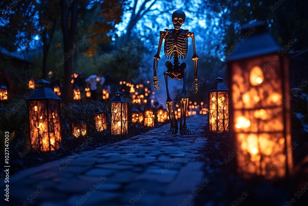 Poster A skeleton walks down a path lined with lit lanterns in the twilight.