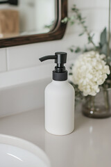 A minimalist bathroom scene featuring a white soap dispenser, a white towel, and a hint of greenery. Perfect for projects related to home decor, interior design,