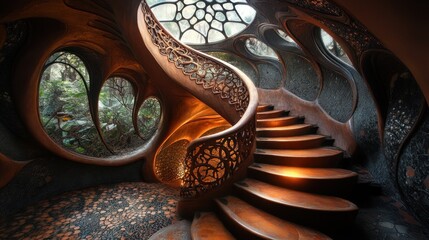 A spiral staircase with intricate carvings leads up to a window with a view of a lush green forest.