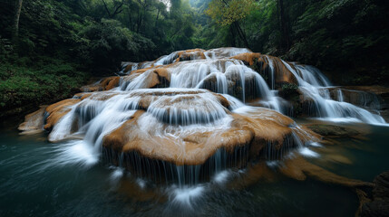Cascading waterfall flowing over terraced rock formations in lush forested landscape