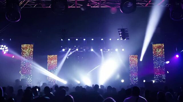 Dynamic nightclub stage with flashing lights and lasers in smoky atmosphere creating an electrifying visual display.