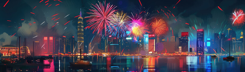 Vibrant Skyline Fireworks Display Over City