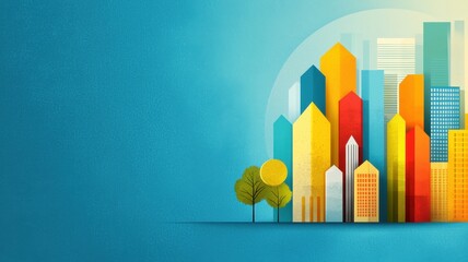 Fototapeta premium Architectural Abstraction: Bold Color Block Cityscape of Modern Buildings with Copy Space for Text,3D illustration