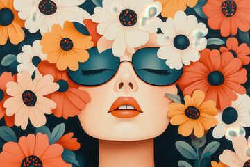 Woman with Sunglasses and Floral Crown, Artistic and Fashionable Illustration