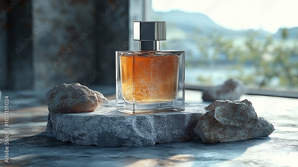 Poster trending luxury fragrance bottle on a backdrop of smooth and rough stone natural textures complement
