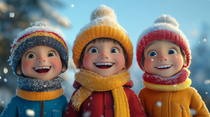 Fototapeta premium Happy children in winter hats laughing and enjoying the snow