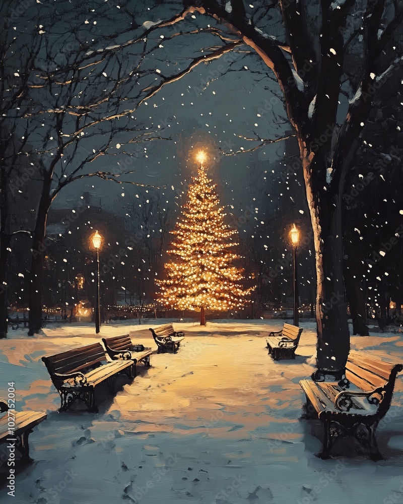 Wall mural A snowy park at night with a lit up Christmas tree and benches.