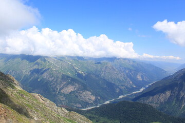 Thick Clouds in the Mountains of the North Caucasus in Dombai