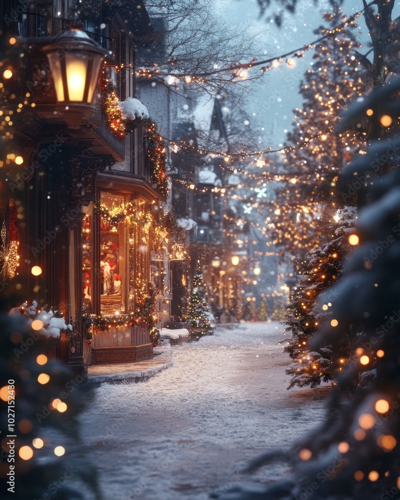 Poster A snowy street lined with Christmas lights and decorated shops.