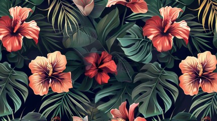 seamless pattern with hand-drawn compositions of tropical flowers