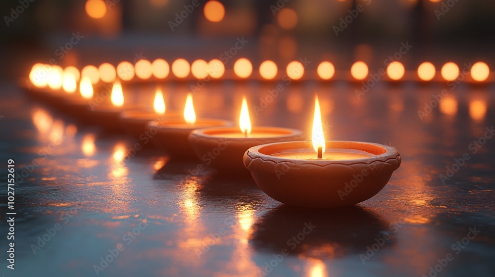 Poster Vibrant array of clay diya lamps glowing with warm light placed on a minimalist background in soft hues capturing the elegance of Diwali with clean lines and balanced composition