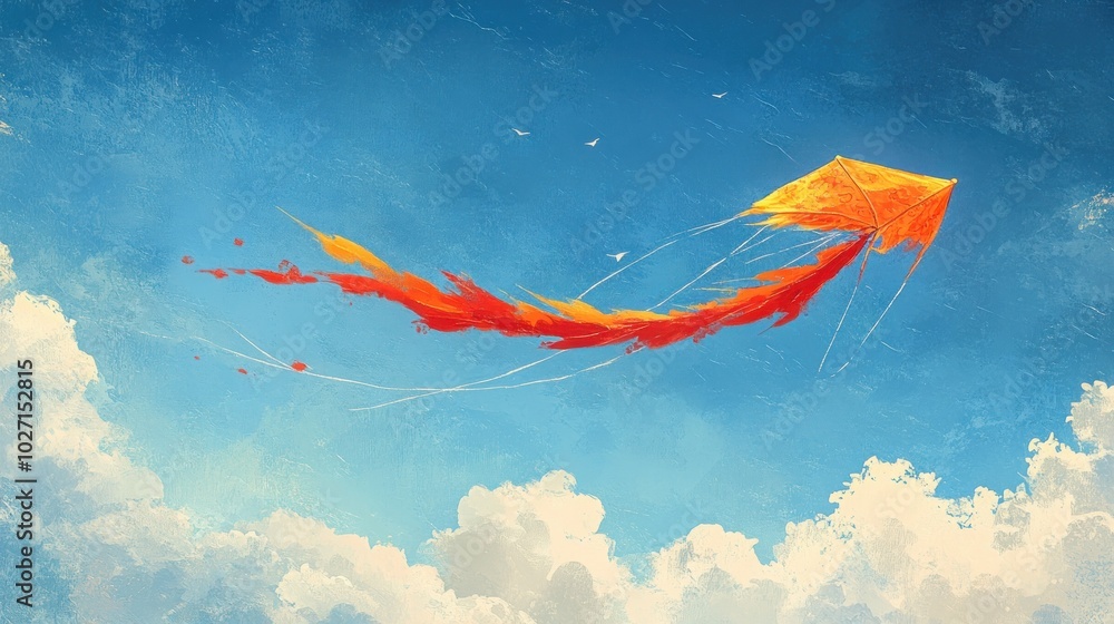 Wall mural a bright orange and yellow kite soars high in a clear blue sky with white clouds.