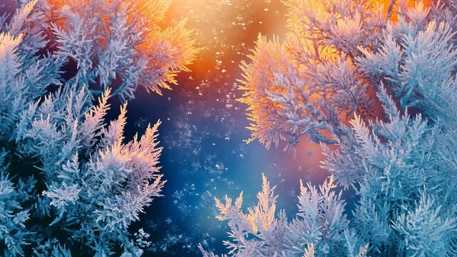 Frost-covered branches create a beautiful winter scene during a snowy sunset
