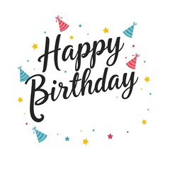 Stylized black cursive "Happy Birthday" typography with party hats, ribbons, and stars scattered around, set against a clean white background for greeting cards or banners. Happy Birthday 
