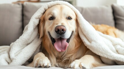 A dog is laying on a couch with a blanket over its head