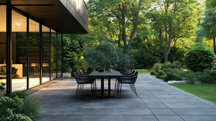 Obraz premium Modern patio furniture set with a black table and chairs on a tiled patio with a large backyard and green trees.