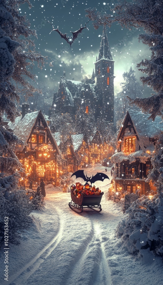 Canvas Prints A snowy winter night in a small village with a sleigh pulled by a bat.