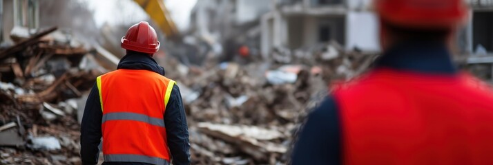 Obraz premium Construction workers, donned in safety helmets and vests, are actively navigating a chaotic scene filled with rubble, embodying dedication and resilience in disaster recovery.