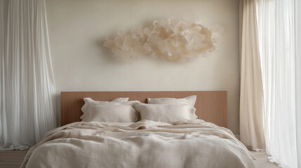 Minimalist beige bedroom with cozy linens and artistic wall decor