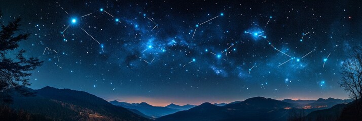 A constellation of ancient stars glows brightly in the night sky, each star a beacon of light against the inky blackness