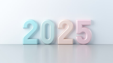 Happy New Year 2025: Minimalist 3D number "2025" in bold geometric shapes, on white background.