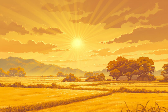 The Sun's Golden Rays Illuminate a Rural Landscape, Capturing Energy and Abundance with a Simple Hand-Drawn Touch that Highlights the Richness of Nature